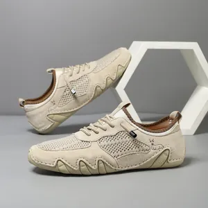 Men's breathable mesh sneakers with khaki suede panels and wave-patterned rubber sole