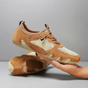 Men's tan leather breathable mesh outdoor shoes with deer logo and drawstring laces
