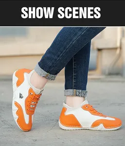Detail shot of orange and white casual sneakers featuring logo and anti-slip thick soles