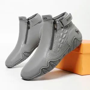 Men's grey high-top leather boots with zipper, crocodile texture and non-slip rubber soles