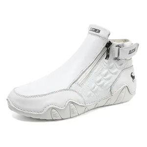 White high-top leather boots with crocodile texture, metal zipper and velcro strap