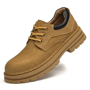 Men's low-top outdoor leather casual boots with thick rubber soles and lace-up design