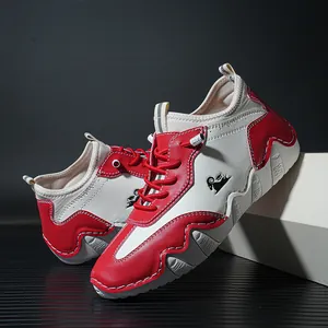 White and red casual sneakers with sheep logo and wavy thick soles for women