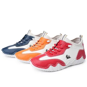 Three pairs of lightweight white sneakers in blue, orange, and red with animal logo details
