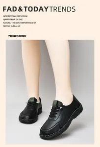 Detailed shot of women's black leather slip-on shoes with green label and anti-slip sole