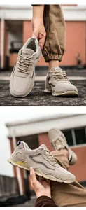 Detail showing khaki suede and mesh stitching on the outdoor hiking shoe for men