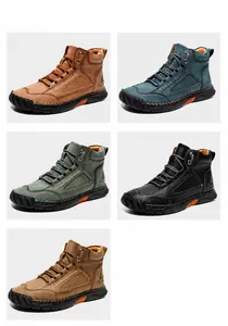 Detail view of handmade stitched men's PU leather boots in five optional colors