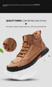 Detail view of brown PU leather boots with reinforced stitching and round woven laces
