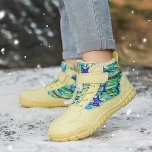 Kids Outdoor Winter Snow Boots Waterproof Anti-Slip Warm Plush Lining Star Print Shoes For Boys Girls Velcro Drawstring