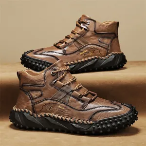 Outdoor dark brown leather high-top boots for men with durable rubber soles