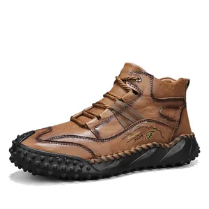 Men's dark brown leather outdoor boots with anti-slip rubber soles and casual mountain design