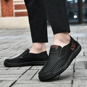 Men's Casual Slip-on Loafers Microfiber Leather Driving Shoes With Manual Stitching Rivet Decor Non-slip Rubber Sole Flats