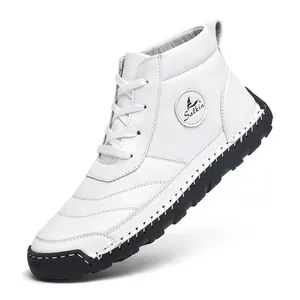 Lace-up white leather high-top Martin boots with thick black rubber soles for men