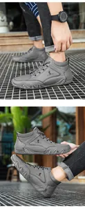 Détail de bottines grises montantes avec coutures blanches et semelles antidérapantes