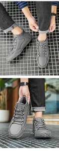 Vue détaillée de chaussures en daim gris pour hommes avec coutures blanches contrastées