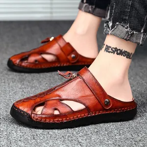 Heren Rundleer Casual Sandalen Ademend Opengewerkt Dubbel Gebruik Pantoffel Met Rubberen Zool Handgenaaid Zomer Strand Schoenen