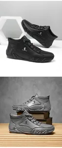 Détail de bottines en cuir à tige haute avec logo renard et semelles ondulées antidérapantes
