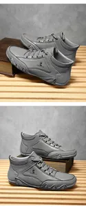 Vue détaillée des bottines grises en cuir pour hommes avec semelles antidérapantes