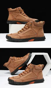Detailed side view of brown men's PU leather boots with hand-stitched seams and logo