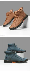 Detail of hand-stitched seams and breathable perforations on men's PU leather ankle boots