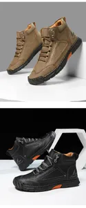Detail view of men's leather ankle boots with hand-stitched seams and orange grip soles