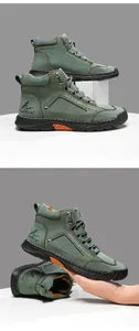 Detailed view of olive green PU leather boots with yellow stitching and durable soles