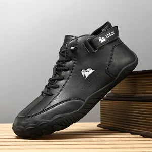 Men's high-top black leather casual boots with lace-up and velcro buckle closure