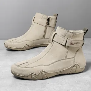 Stivali alti da uomo in vera pelle beige con cerniera laterale e suola in gomma