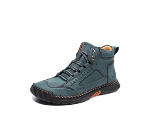 Men's navy blue PU leather ankle boot with orange stitching and branded sole detail