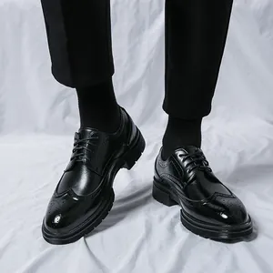Classic black Brogue dress shoes for men featuring intricate wingtip carved detailing
