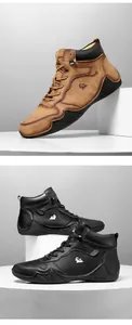 Détail de bottines décontractées en cuir avec semelles antidérapantes marron et noir