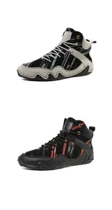 Detail of high-top casual boots showing gray and red striped mesh with rubber soles