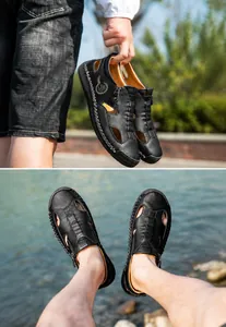 Detailansicht der handgenähten schwarzen Leder-Outdoor-Sandalen mit Hohl-Design