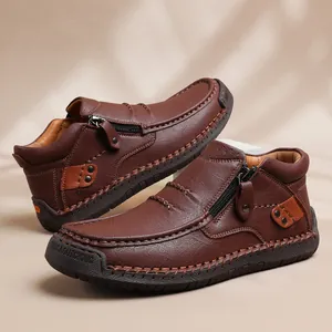 Zapatos Casuales de Cuero de Microfibra para Hombre Botas de Caña Alta Cosidas a Mano Con Cremallera Lateral Suela de Goma Antideslizante Calzado de Talla Grande