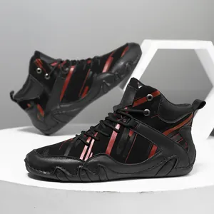 Men's high-top fashion boots with black leather and dark red octopus pattern stripes