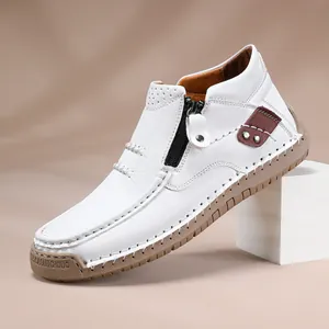 Botas casuales de cuero blanco para hombre con cremallera lateral y costuras a mano