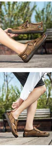 Nahaufnahme brauner Herren-Ledersandalen mit handgenähten Details und Reißverschluss