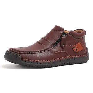 Zapatos casuales de hombre en cuero marrón oscuro con cremallera y suela de goma