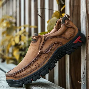 Chaussures Décontractées en Cuir pour Hommes Plein Air Première Couche de Cuir à Enfiler Mocassins Respirants Chaussures de Travail