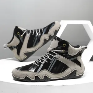Men's high-top casual boots with black and grey patchwork and wave-patterned soles