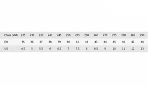Detailed size chart for men's casual leather shoes showing EU US and MM measurements