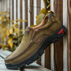 Chaussures décontractées d'extérieur pour hommes en cuir véritable marron olive