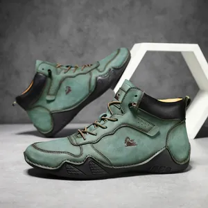 Bottines hautes pour hommes en cuir vert vintage avec semelle en caoutchouc durable
