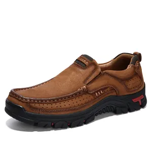 Chaussures décontractées d'extérieur en cuir marron pour hommes avec semelle en caoutchouc