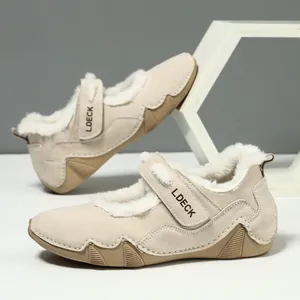 Dames Casual Warme Schoenen Fleece Gevoerd Imitatiesuède Sneakers Klittenband Antislip Outdoor Wandelende Platte Schoenen