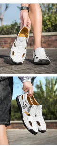 Detail weißer Leder-Herrensandalen mit atmungsaktiven Ausschnitten und schwarzer Gummisohle