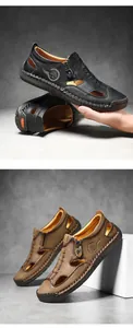 Nahaufnahme des handgenähten Leders und des atmungsaktiven Designs bei Herren-Sandalen