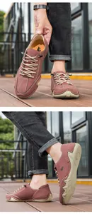 Detail of red-brown leather casual shoes with hand-stitched seams and kangaroo logo