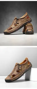 Detail der handgenähten Lederoberfläche und des Metallreißverschlusses an braunen Herrensandalen