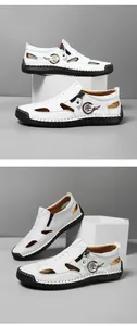 Details von weißen Leder-Herrensandalen mit Handnaht und atmungsaktivem Lochmuster